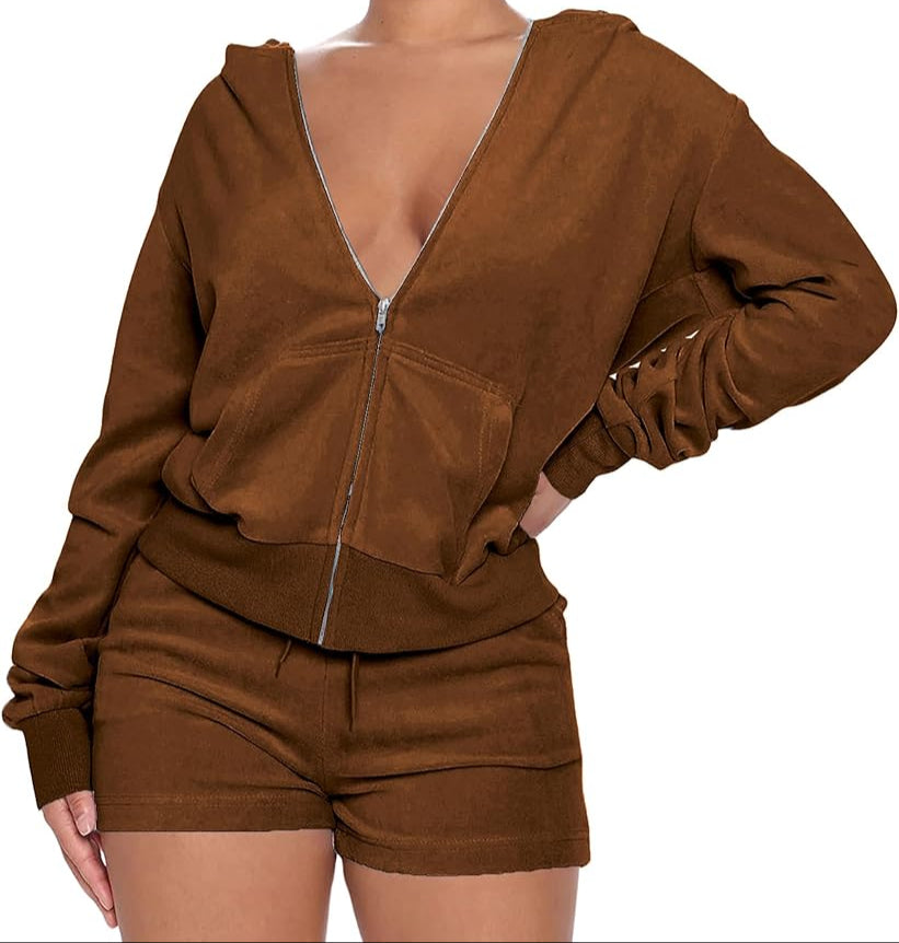Velour Zip Up & Shorts
