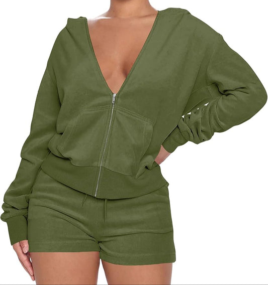 Velour Zip Up & Shorts